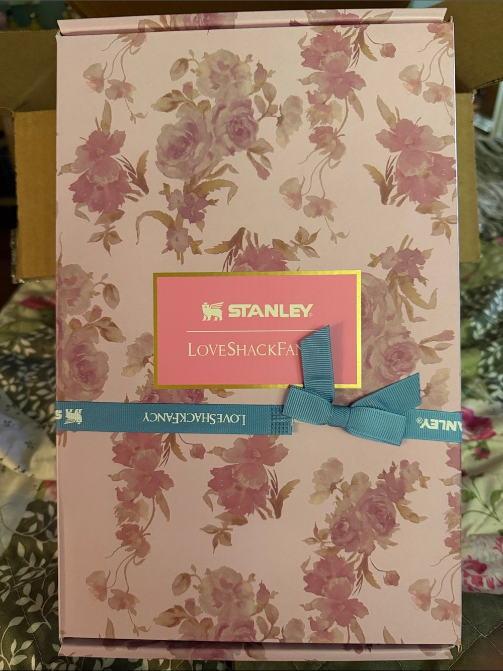 New! Original Stanley Pink Floral Gift Box with Blue Ribbon